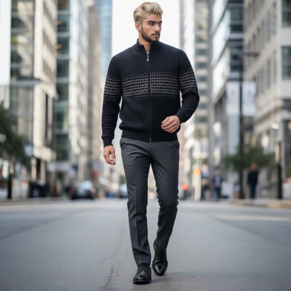 🧥Marcello Sport Men’s Full Zip Sweater XL Black & Purple Geometric Merino Blend